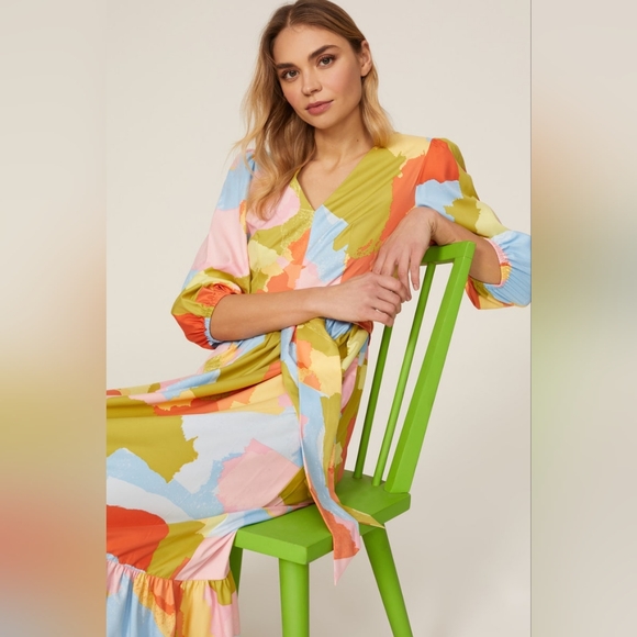 Donna Morgan Blue Citrone Multi Color 3/4 Puff Sleeve Ruffle Hem Maxi Dress - Picture 4 of 6